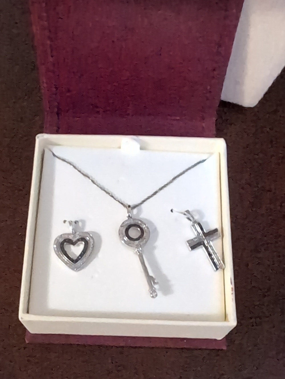 Key, Heart and Cross Pendant Trio Necklace In Box- Interchangeable Charms
